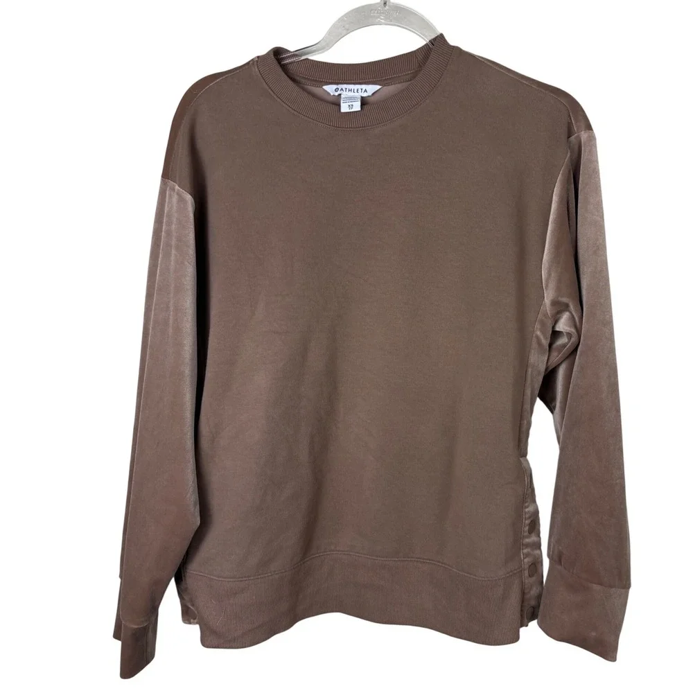 Athleta Retroplush Velvet Sweatshirt Brown XS Snap Side Oversized Pullover
